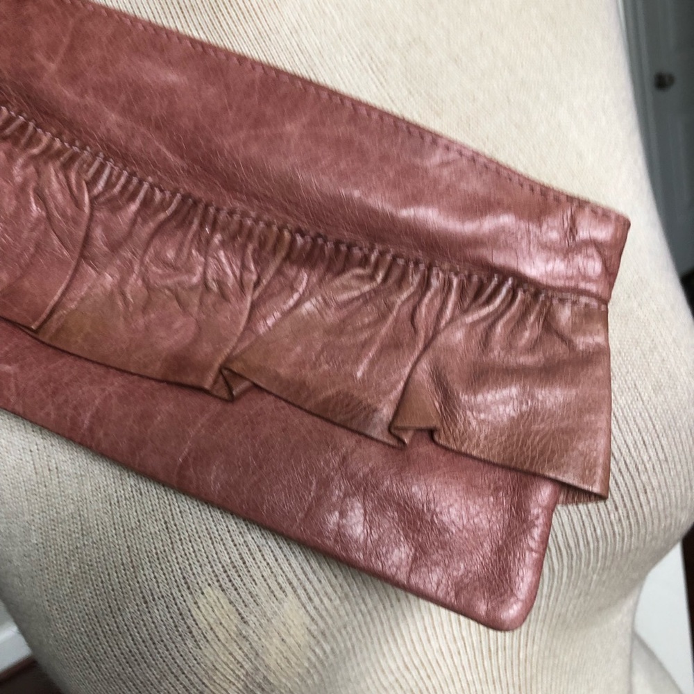 Dusty Rose Pink Sabina New York Leather Ruffle Wristlet Clutch